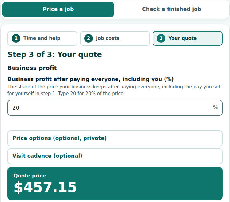 Calculator step 3 of 3, Your quote. Business profit is set to 20 percent. Quote price: $457.15.