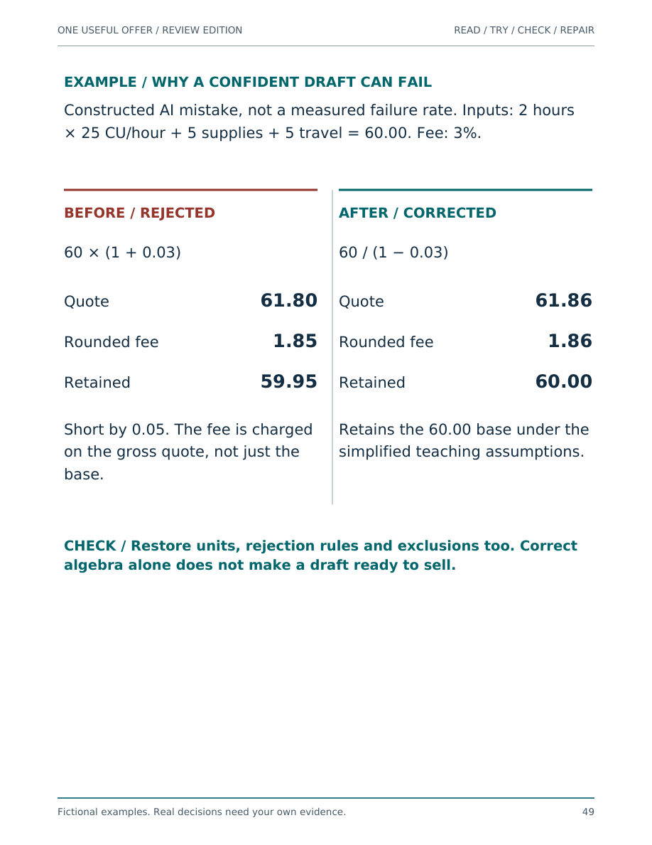 Page 49 of the current review-edition playbook: fictional rejected and corrected fee formulas.