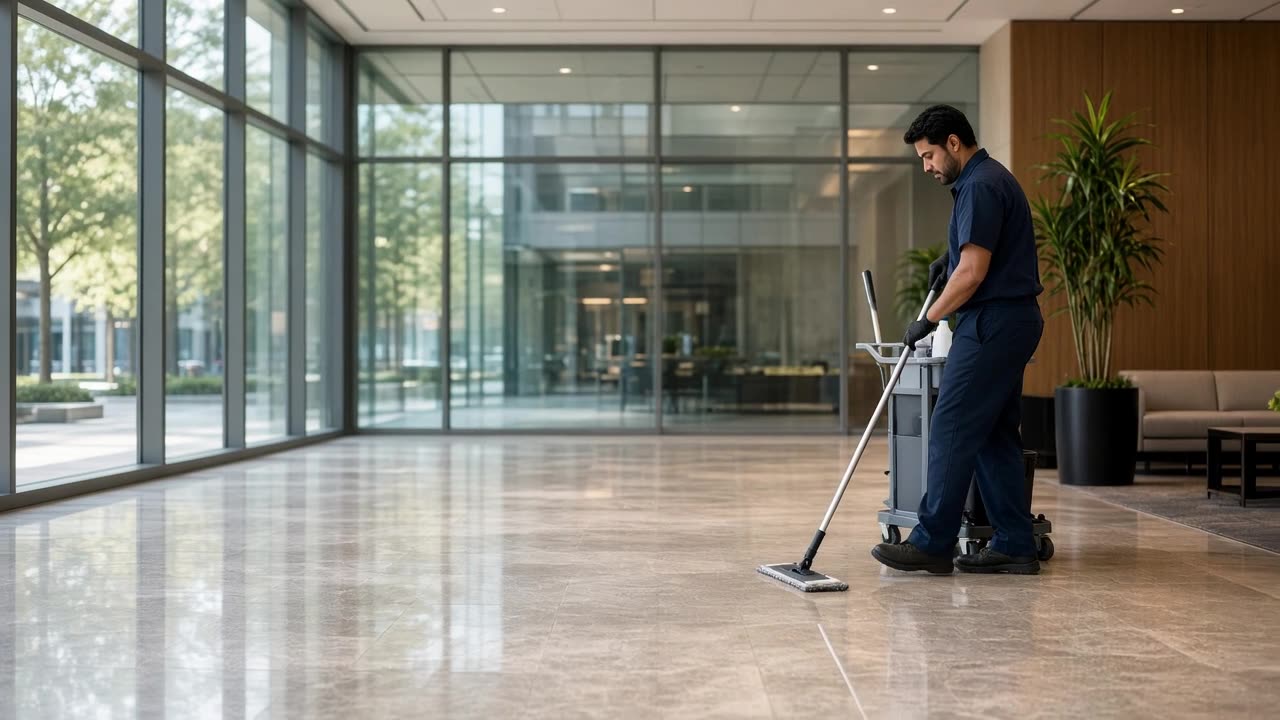 Illustrative AI-generated still: a cleaner mopping a large office lobby.